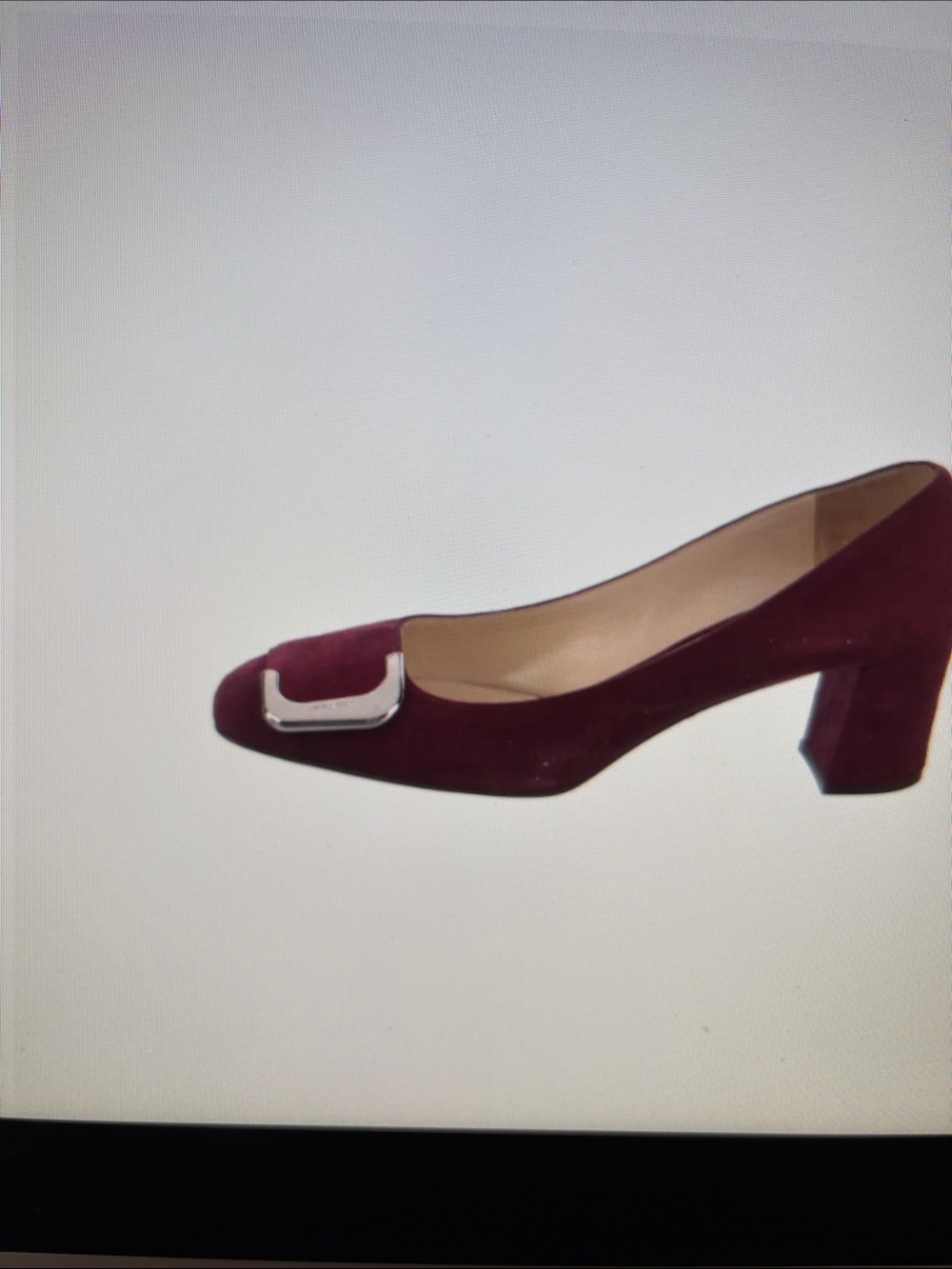 Prada Burgundy Suede Mid Block Heel Pump with Silver Buckle